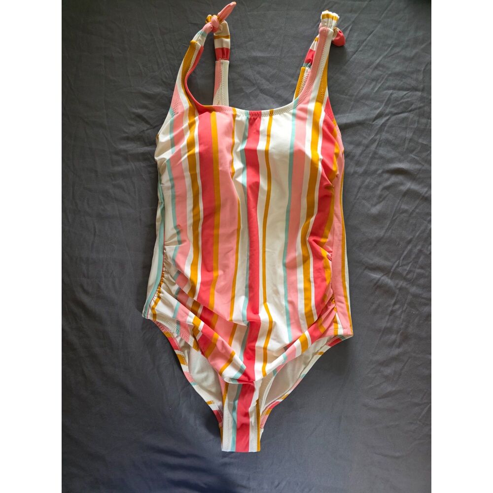 NWT Kona Sol Women's 14W One Piece Swimsuit Striped Ruched Tie Shoulder $40